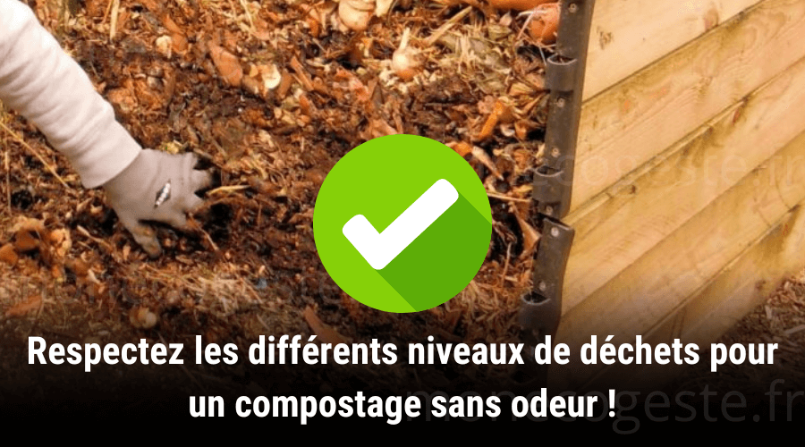 Composteur et odeur : Illustration d'un compost bien organisé, avec des couches de déchets disposées dans l'ordre optimal pour favoriser un bon compostage et éviter le développement de mauvaises odeurs.