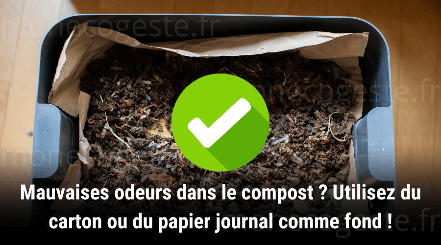 Montage mettant en évidence l'utilisation d'un carton comme fond d'un composteur pour recueillir le jus de décomposition, afin d'éviter la macération et l'apparition de mauvaises odeurs dans le composteur.