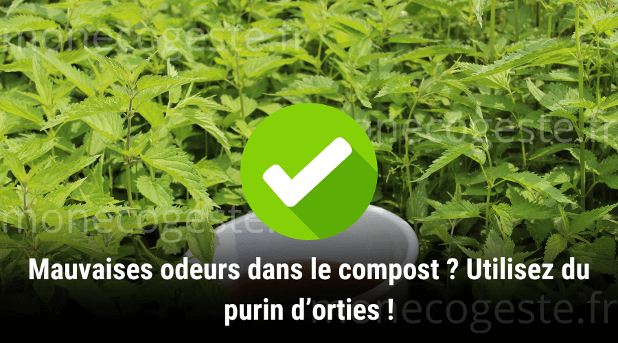 Illustration de l'utilisation du purin d'orties dans un composteur, montrant comment il aide à limiter et éliminer les mauvaises odeurs dues à la décomposition des matières organiques tout en rééquilibrant le pH.