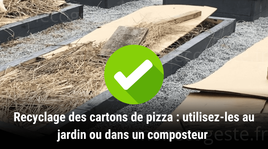 Montage photo illustrant l'usage des cartons de pizza comme paillage dans un jardin.