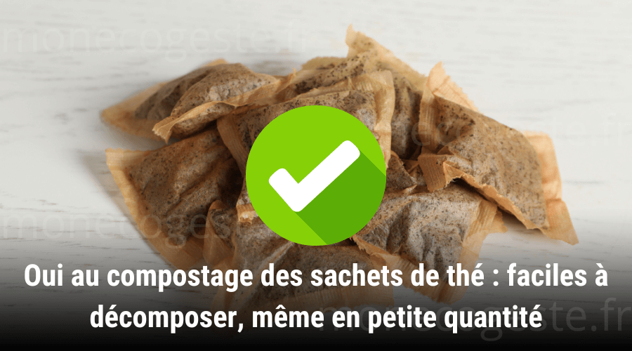 Illustration de plusieurs sachets de thé usagés, soulignant leur facilité à être compostés.